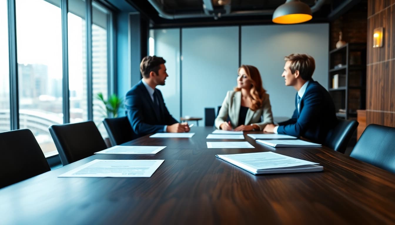 Couple engaging in discussions about Family Law Financial Agreements in a modern office setting.