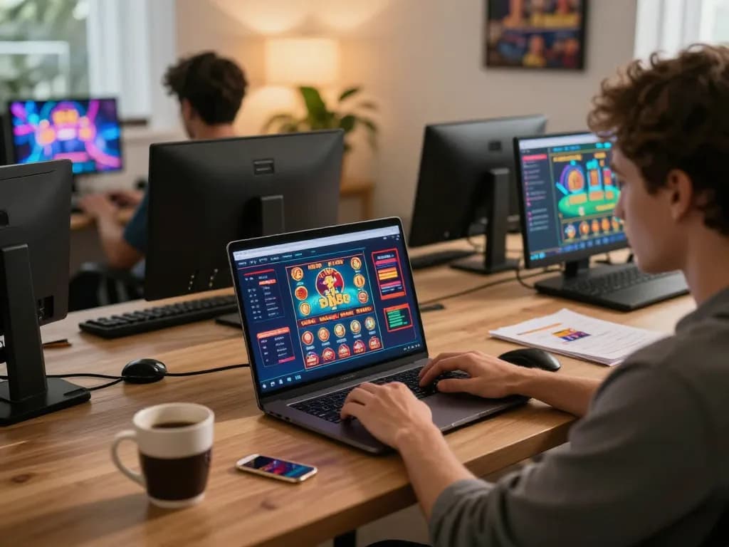 Player engaging with DN88 online casino games on laptop, cozy home atmosphere promoting responsible gaming.
