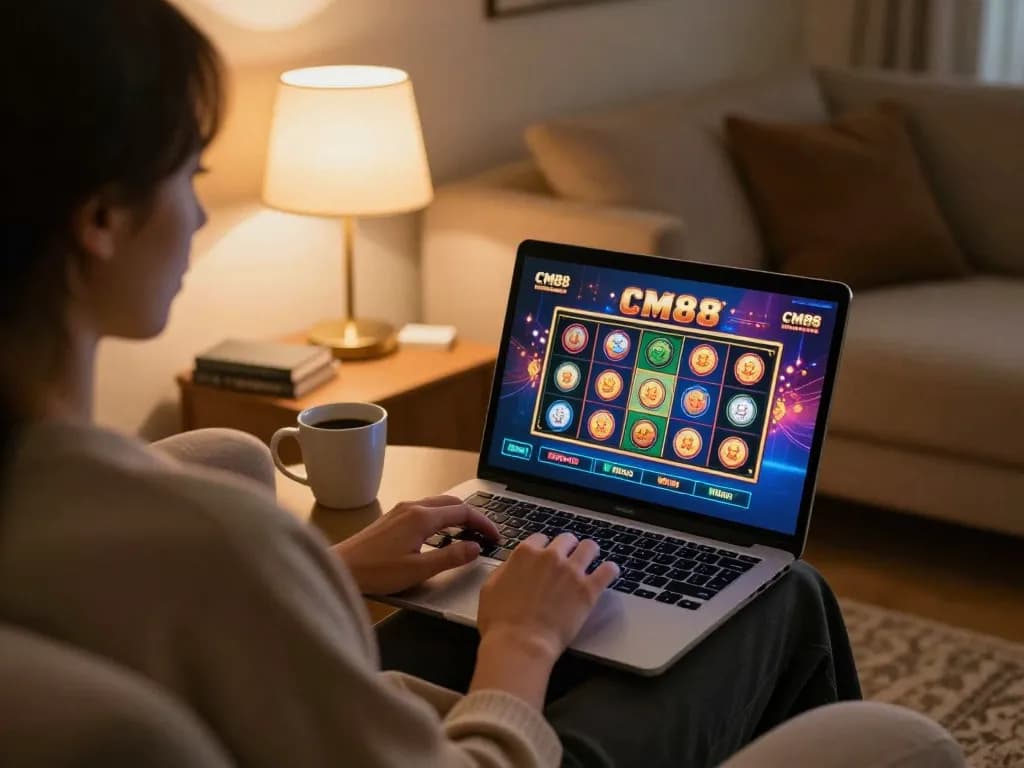 Player engaged in online gaming at CM88, vibrant slot game displayed on laptop, warm home ambiance.