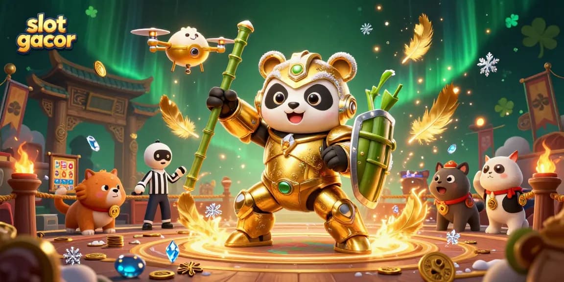 Experience the excitement of slot gacor in a vibrant 3D illustration featuring animated panda fighters and dynamic game elements.