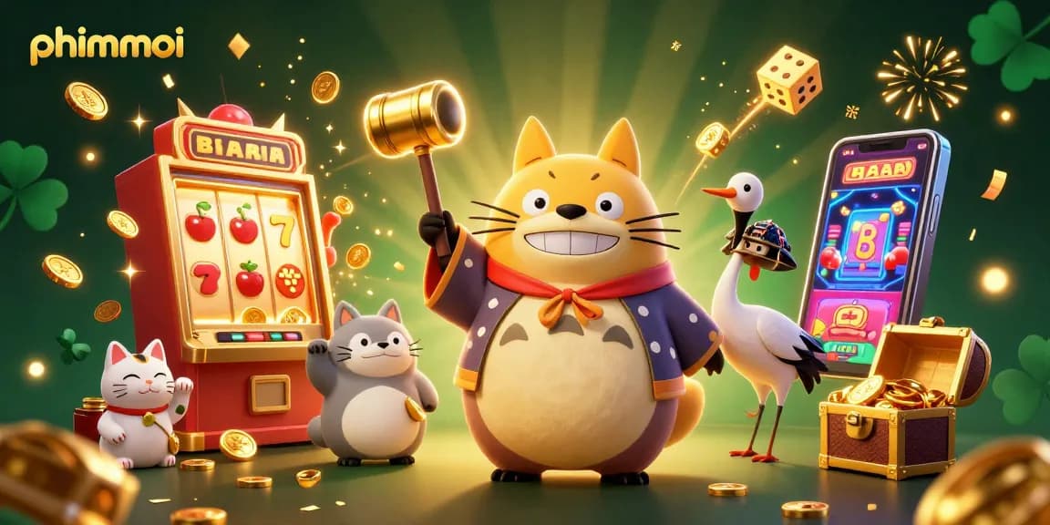 Experience phimmoi luck with cheerful characters and vibrant casino elements in a dynamic scene.