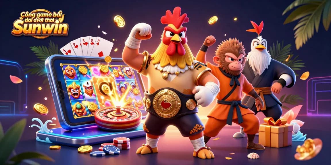 Cổng game bài đổi thưởng Sunwin offers vibrant casino experiences with characters celebrating gaming victories.