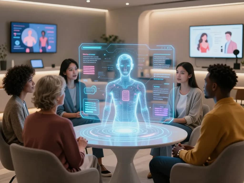 Engaging scene of individuals discussing sexual health with AI technology, showcasing the concept of sex ai in a modern, inclusive setting.