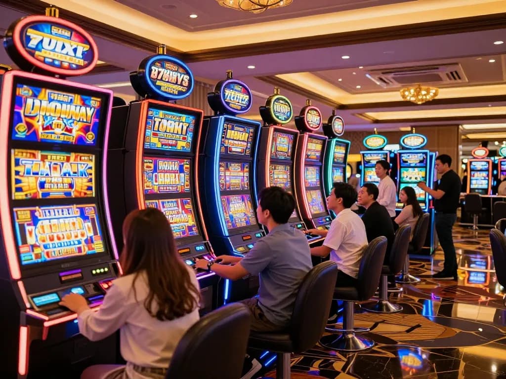 Players enjoying vibrant slot777 machines in a lively casino atmosphere capturing excitement.