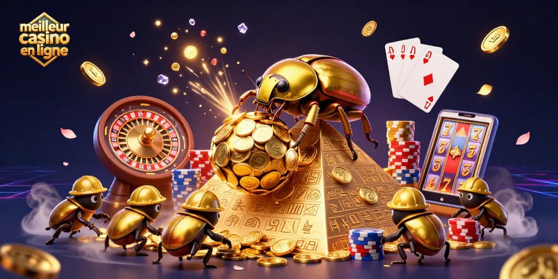 Profitez de l'expérience palpitante du meilleur casino en ligne avec des pièces d'or et des symboles de jeux.