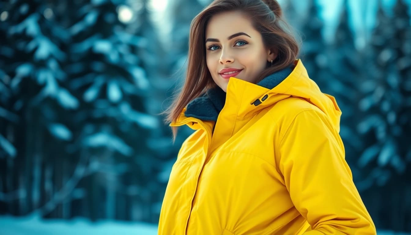 Model showcasing the best waterproof winter jackets for women in a snowy forest setting.