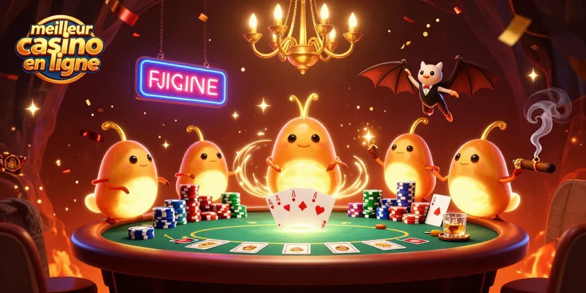Découvrez le meilleur casino en ligne où les lucioles illuminent une table de poker animée.