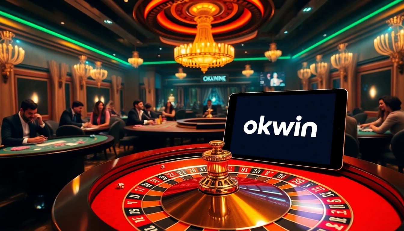 Experience an exciting gambling scene with okwin, featuring a luxurious roulette wheel and engaged players at poker tables.