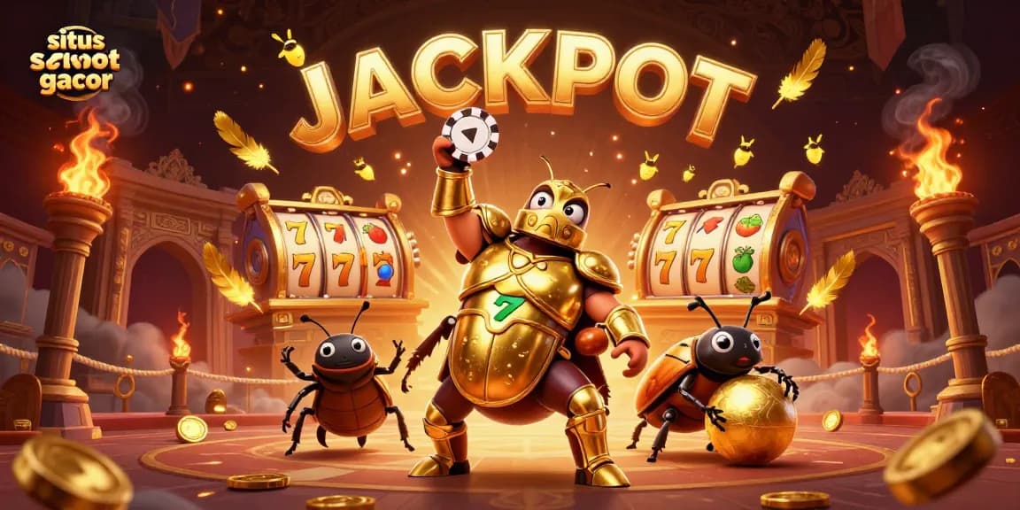 Situs slot gacor scene featuring a victorious beetle with poker chips amidst slot reels and sparkling coins.