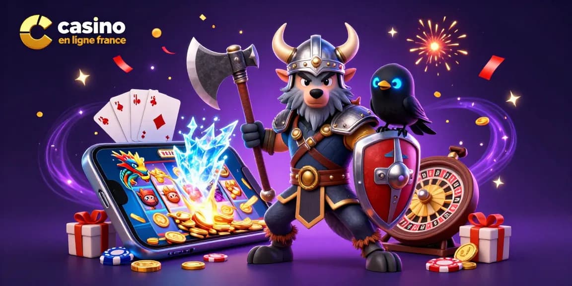 Jeu de casino en ligne France: guerrier loup, dragon et effet magique avec des éléments de casino.