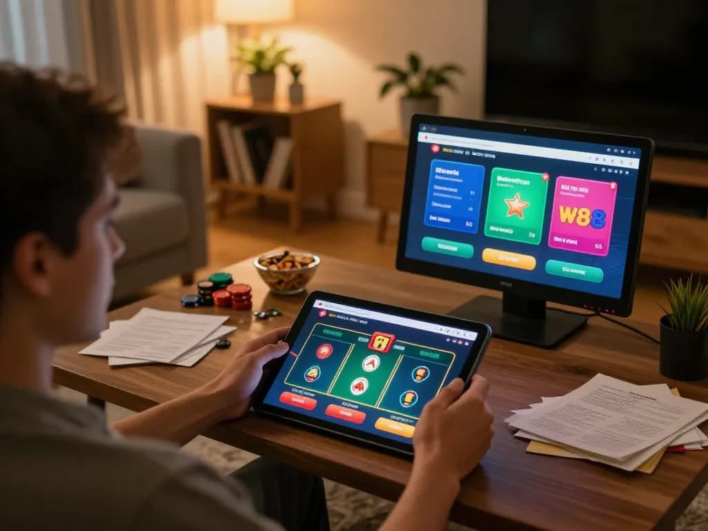 W88 app interface displayed on tablet during online casino gaming session in a cozy home.
