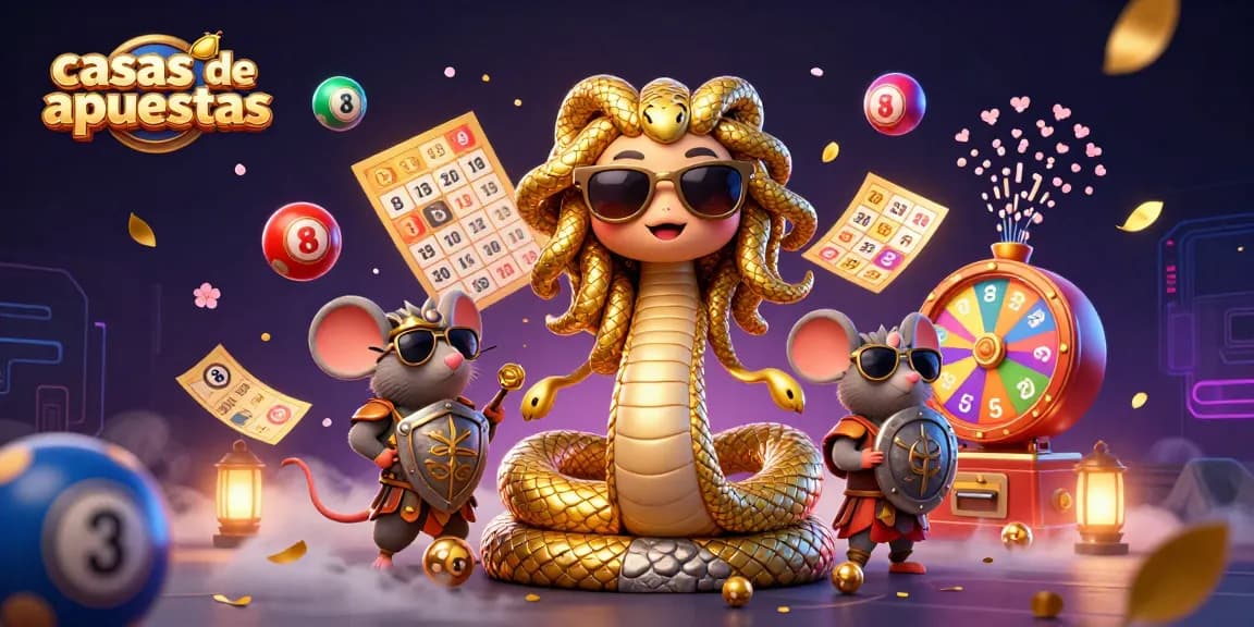 Disfruta de las casas de apuestas con Medusa y un guerrero mientras juegan entre pelotas de lotería y premios.
