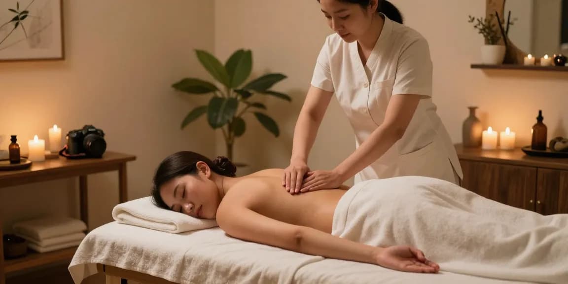 마사지 테라피스트가 아로마 마사지 중인 편안한 스파 환경