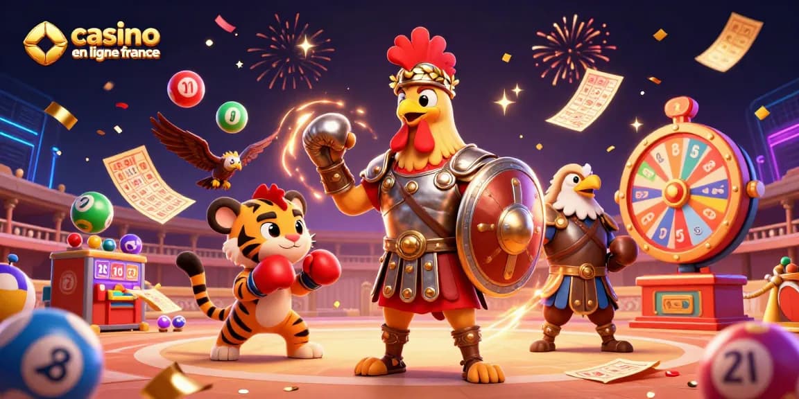 Image dynamique illustrant le casino en ligne France avec un coq gladiateur et des ballons de loterie.
