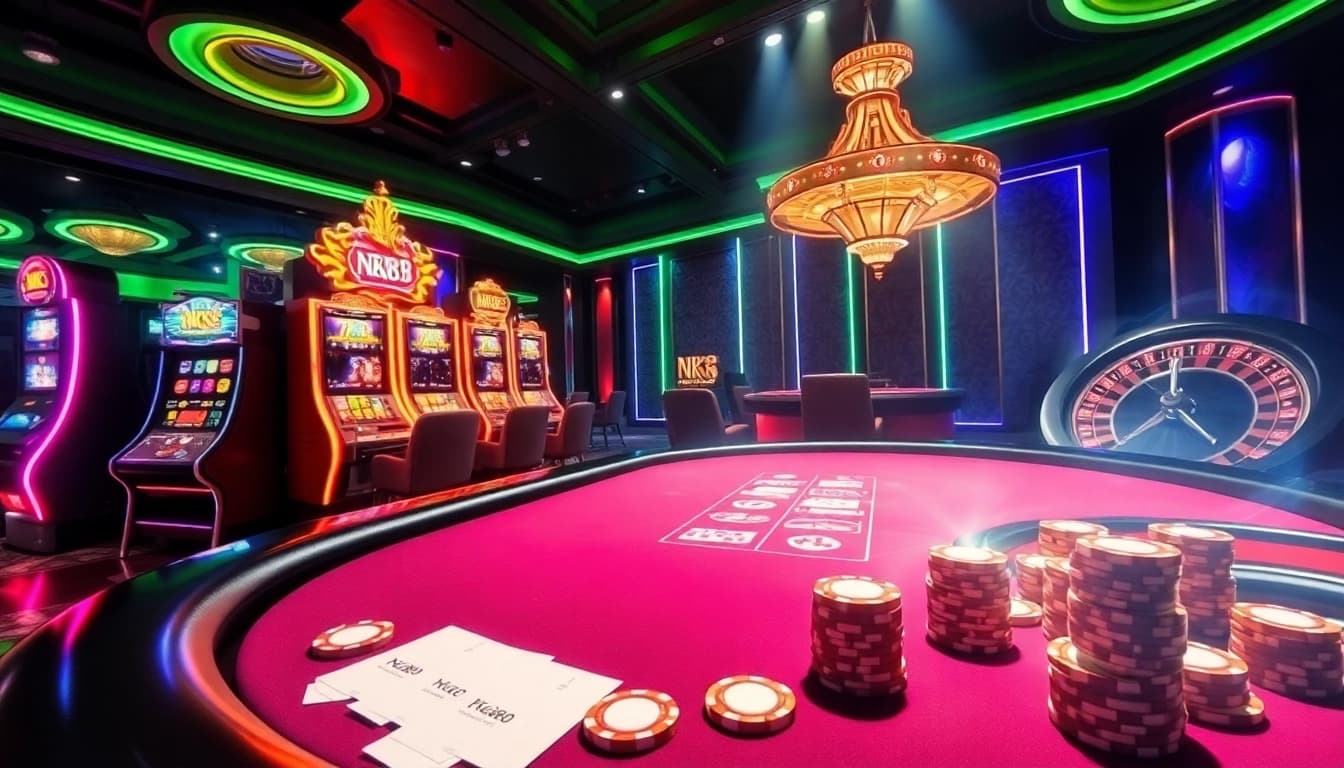 Engaged players enjoy a thrilling poker game at NK88 casino with colorful chips and luxurious settings.