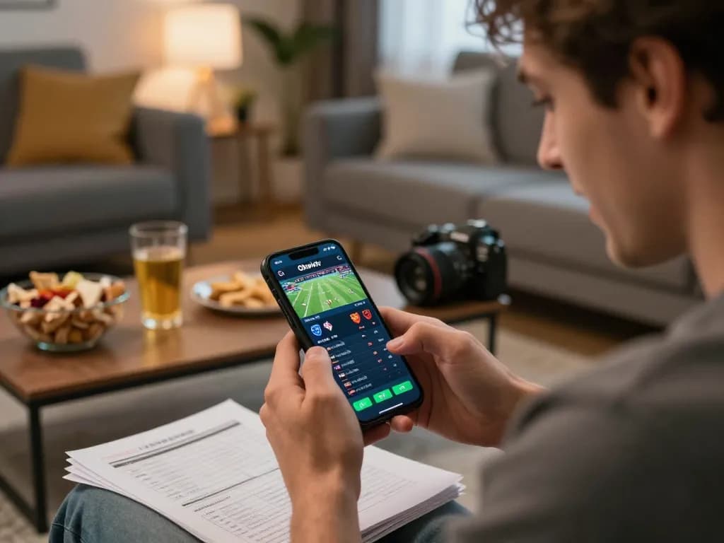 Engaging smartphone betting experience with Okwintv live odds in cozy living room setting