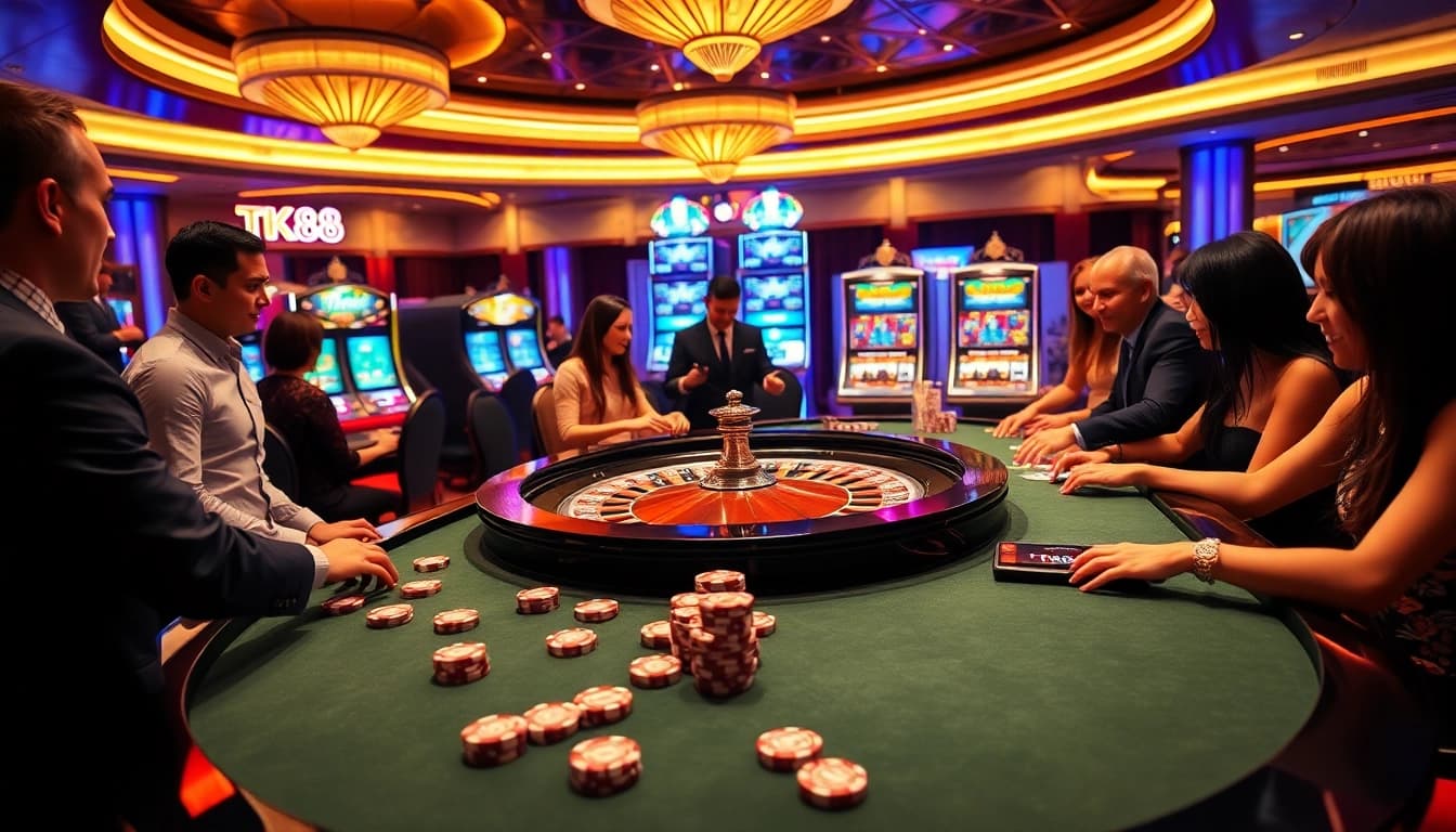 Players experiencing the thrill of TK88 at a glamorous casino roulette table.