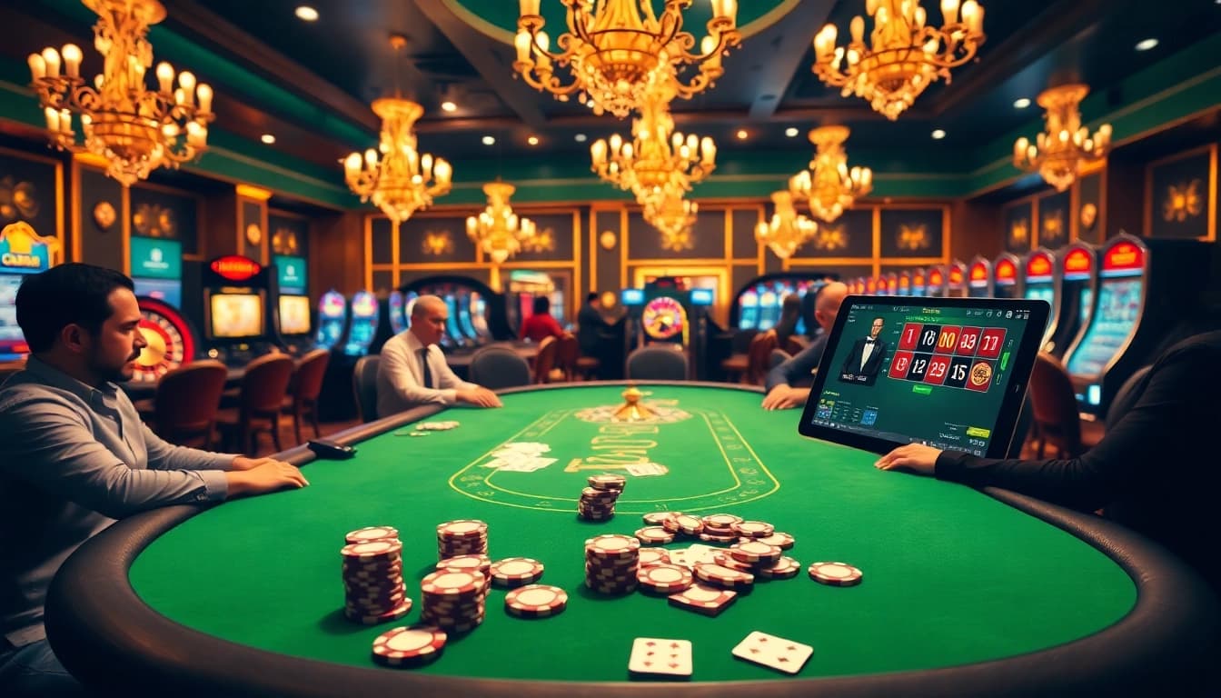 Découvrez l'excitation des casinos en ligne avec des jetons de poker vibrants et une action à enjeux élevés à une table luxueuse.