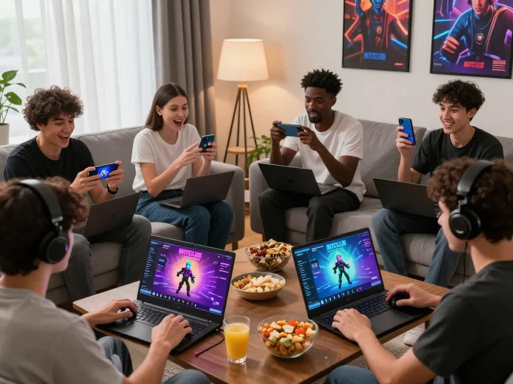 Players enjoying HITCLUB games on devices in a vibrant living room setting, showcasing excitement and engaging 3D visuals.