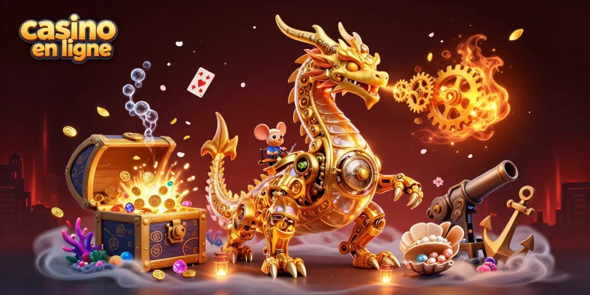 Casino en ligne, dragon doré mécanique et trésor sous-marin captivant sur fond vibrant.