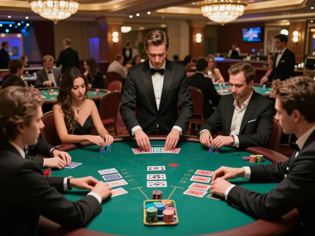 hitclub4 engages players in intense blackjack action at a luxurious casino table, illuminated by ambient lighting.