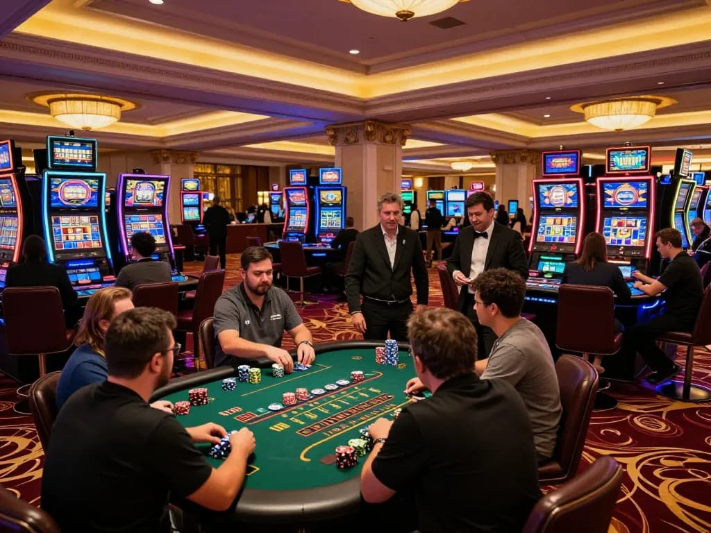 Players at Da88 casino engaged in strategic blackjack gameplay with vibrant slot machines in the background.
