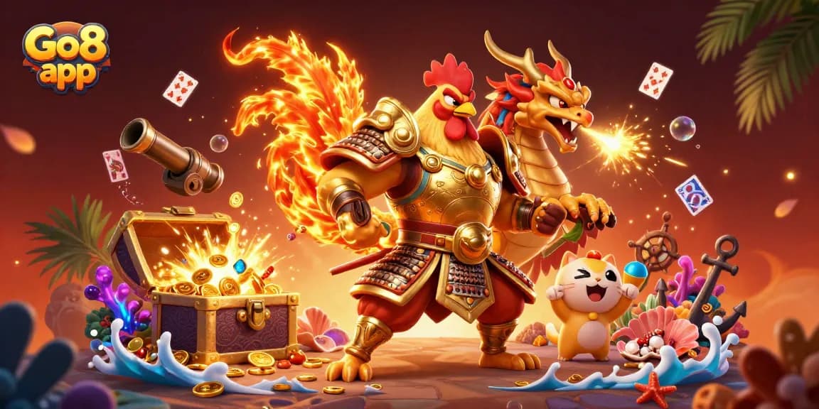 Engage with the Go8 app featuring a powerful rooster warrior and a dragon, amid a dynamic casino theme.