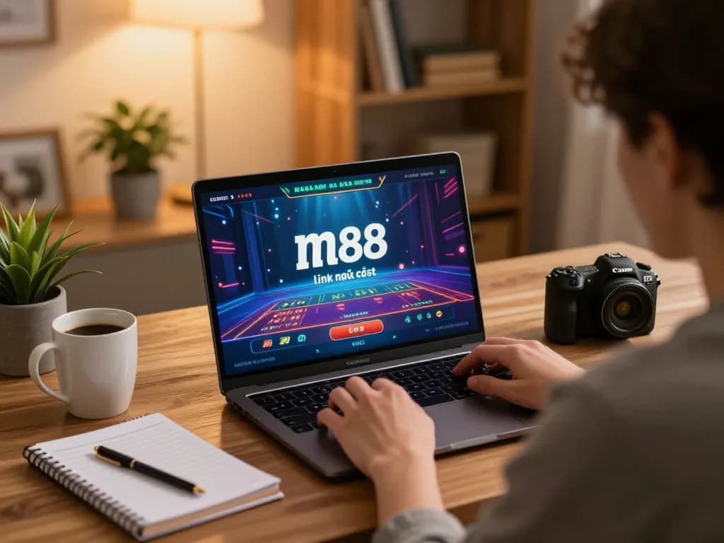 Chơi các trò chơi casino trực tuyến với m88 link mới nhất hiển thị trên màn hình laptop trong một căn phòng ấm cúng.