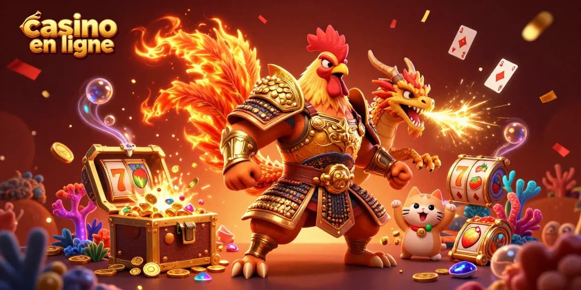 Vibrez avec "casino en ligne" dans une illustration vibrant de jeux avec un coq en armure, dragon et mascotte !