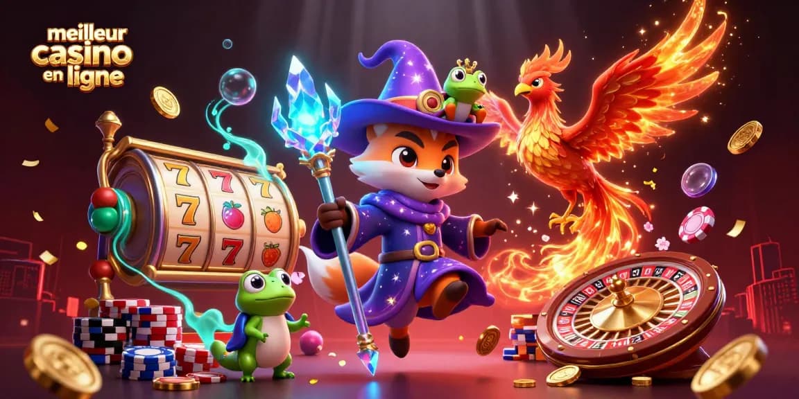 Jouez au meilleur casino en ligne avec une illustration captivante mettant en avant un renard sorcier et un phénix.