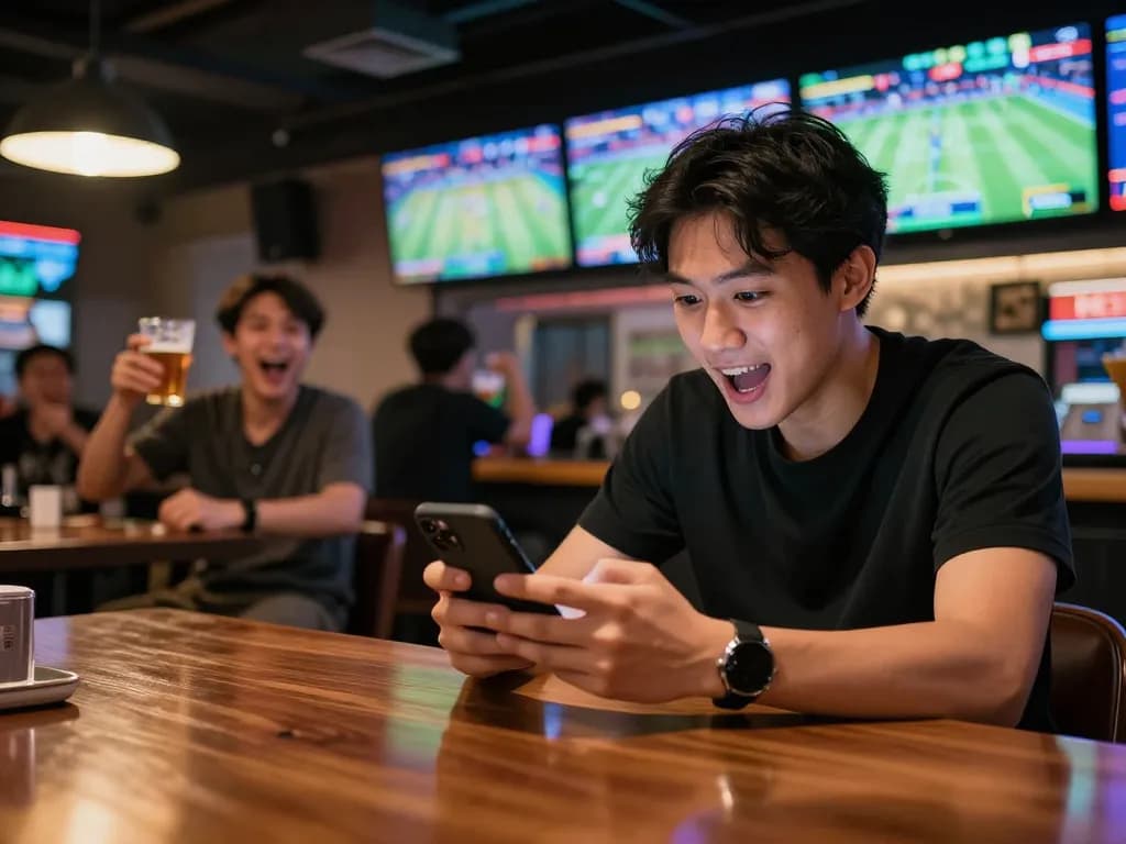 Excited user placing sports bets on smartphone at NHÀ CÁI FABET in lively sports bar environment.