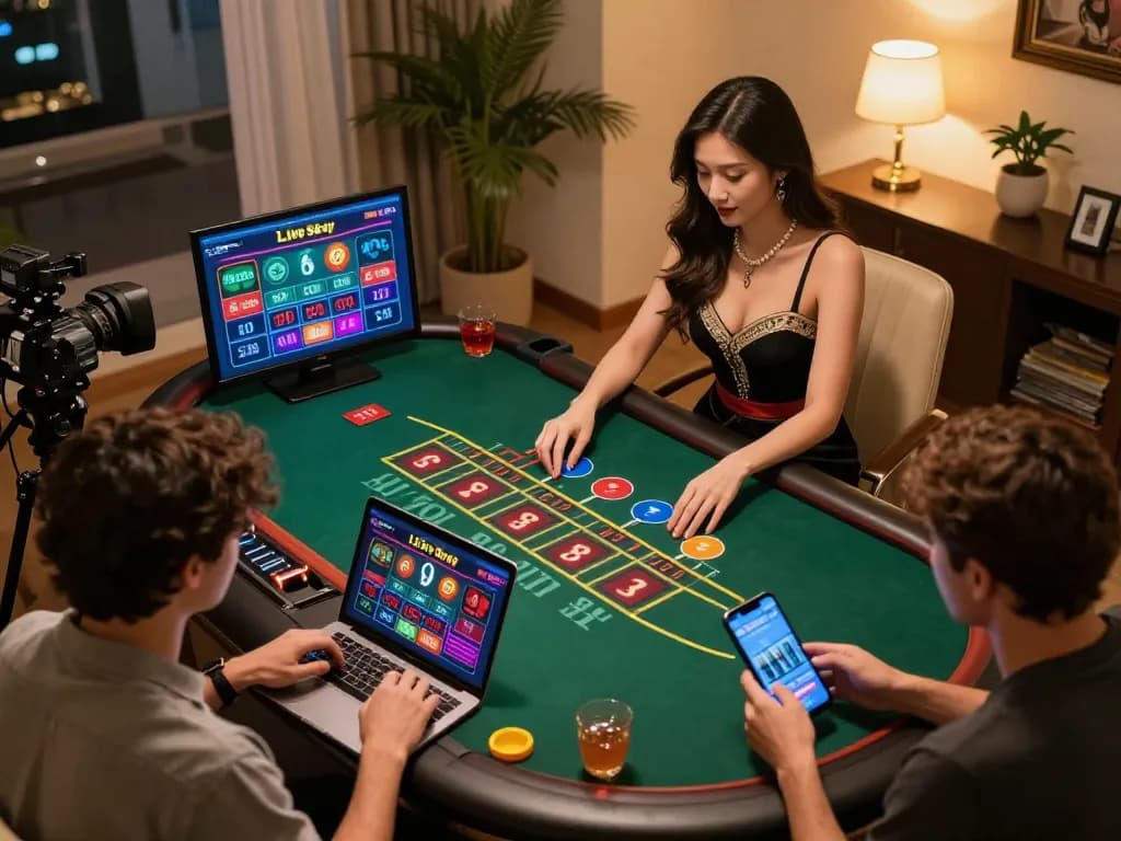 Live Sexy Rikvip online gaming scene with a female dealer engaging players in a vibrant baccarat game