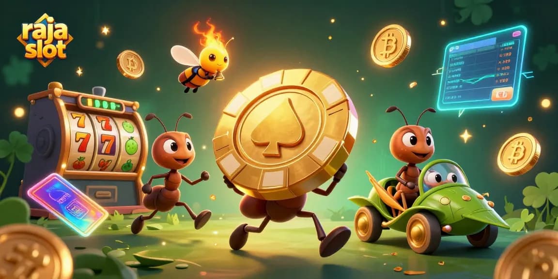 Menangkan jackpot di Raja Slot melalui ilustrasi kartun tim semut yang mencuri chip poker emas raksasa.