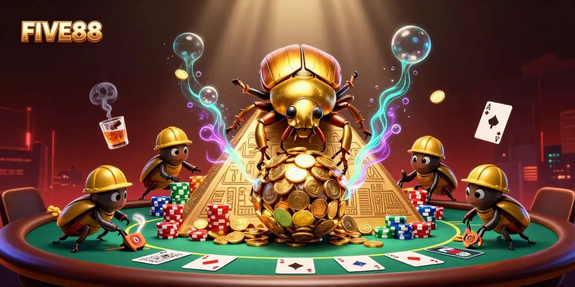 Engage in high-stakes play at FIVE88, where golden coins roll and poker excitement reigns.