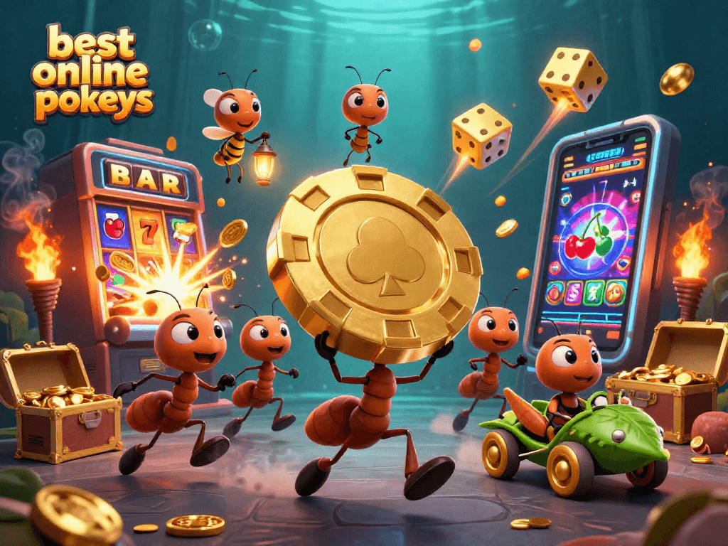 Experience the thrill of the best online pokies with ants heisting a golden chip in a vibrant casino scene.