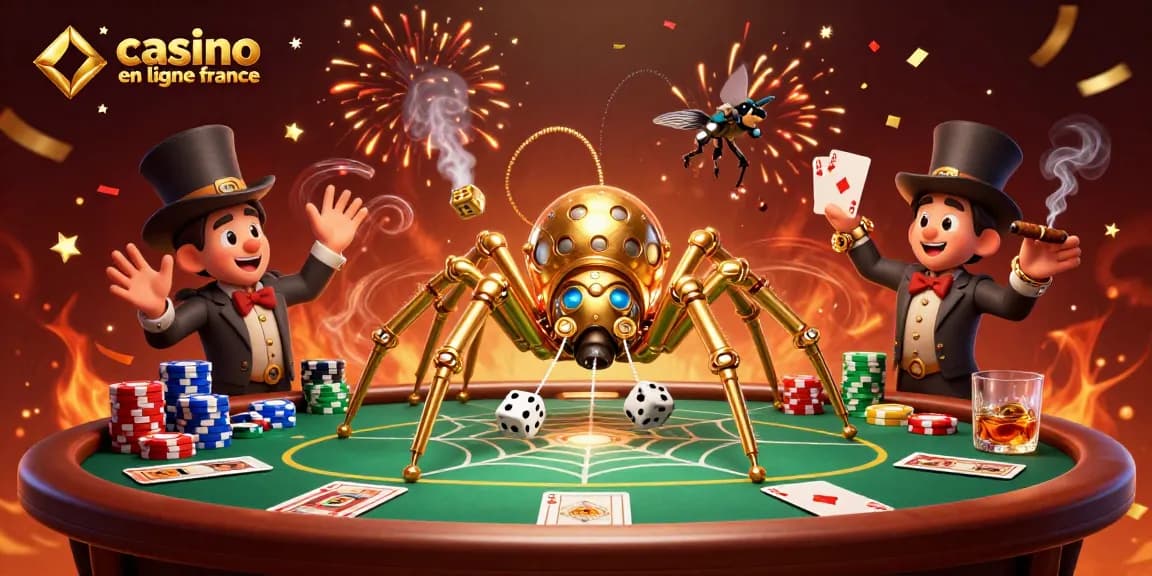 Illustration de casino en ligne en France avec une araignée steampunk et des éléments de jeu captivants.