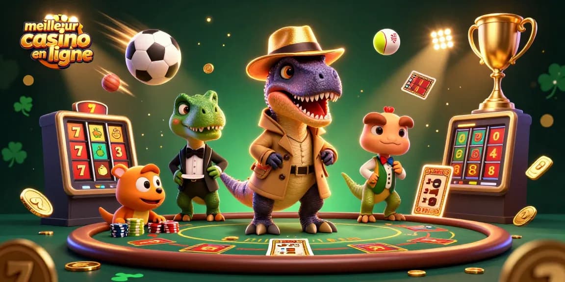 Illustration d'un meilleur casino en ligne avec un velociraptor et un stegosaurus autour d'une table de blackjack.