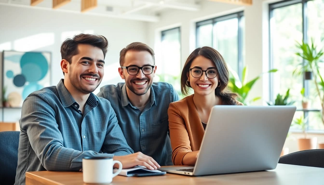 Engaging face swap interaction in a modern office, showcasing joyful users and advanced technology.