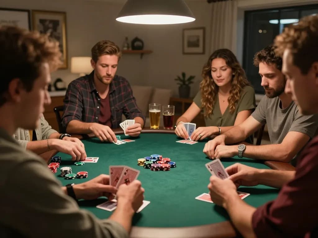Players enjoying a friendly poker game at home with TG88, engaging in strategic betting.