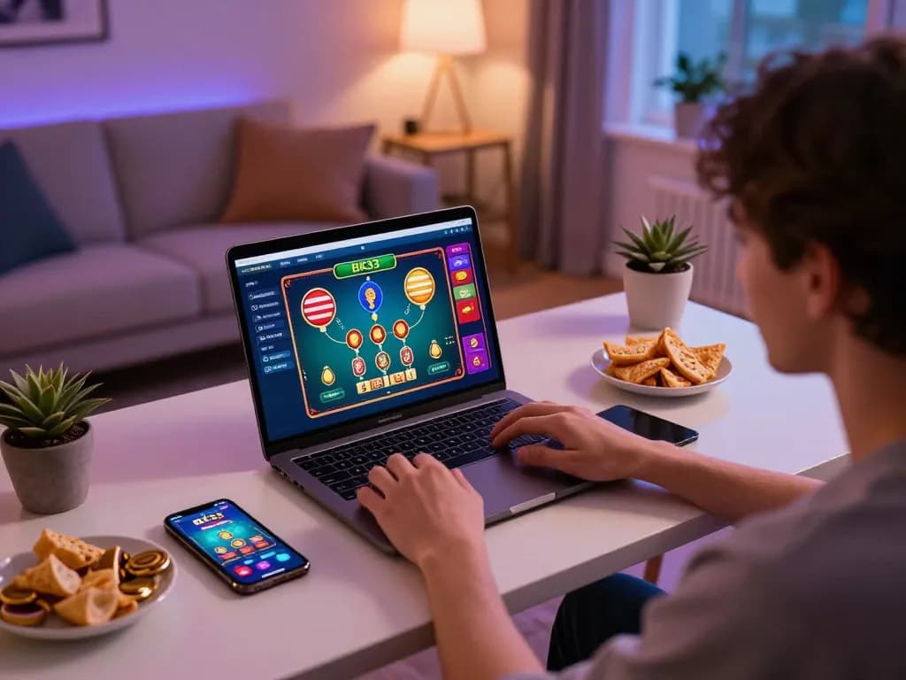 Person engaging with BK33 online gaming platform on a laptop in a cozy home setting.