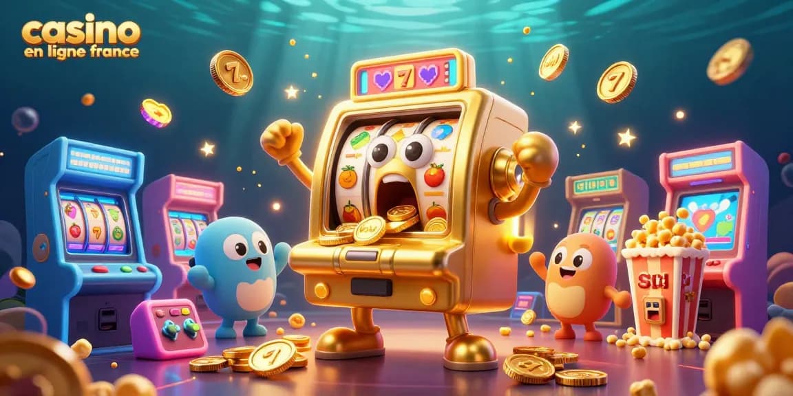 Un slot machine animé exprimant sa surprise dans un environnement de casino en ligne France, avec des pièces d'or tombant.