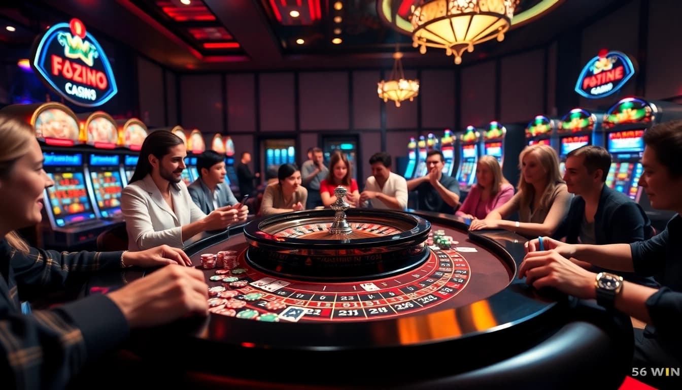 An exciting gambling scene at 56WIN showcasing poker chips, cards, and a roulette wheel in action.