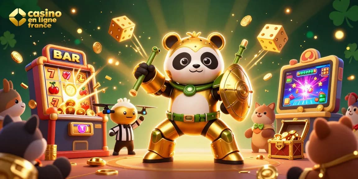 Illustration dynamique de casino en ligne France avec un panda doré et des éléments de jeu éblouissants.