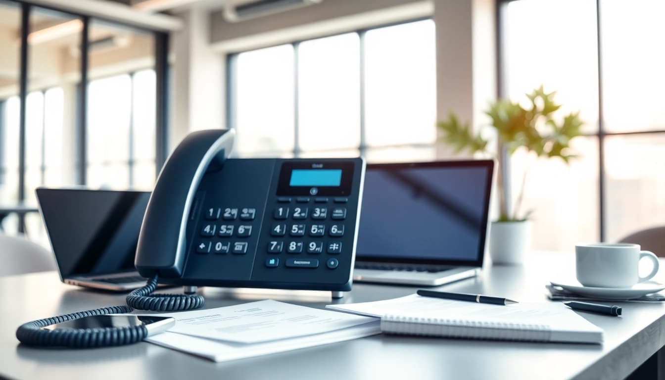 Showcase of a business phone systems unit in a professional office, emphasizing modern features