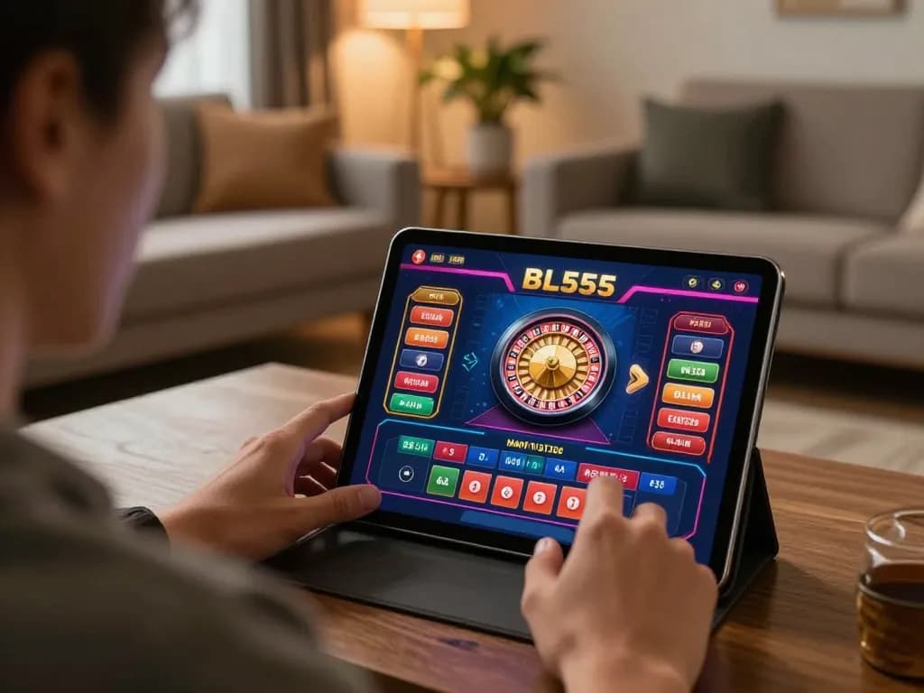 Engaged player using BL555 app on tablet for online gambling in a cozy home environment