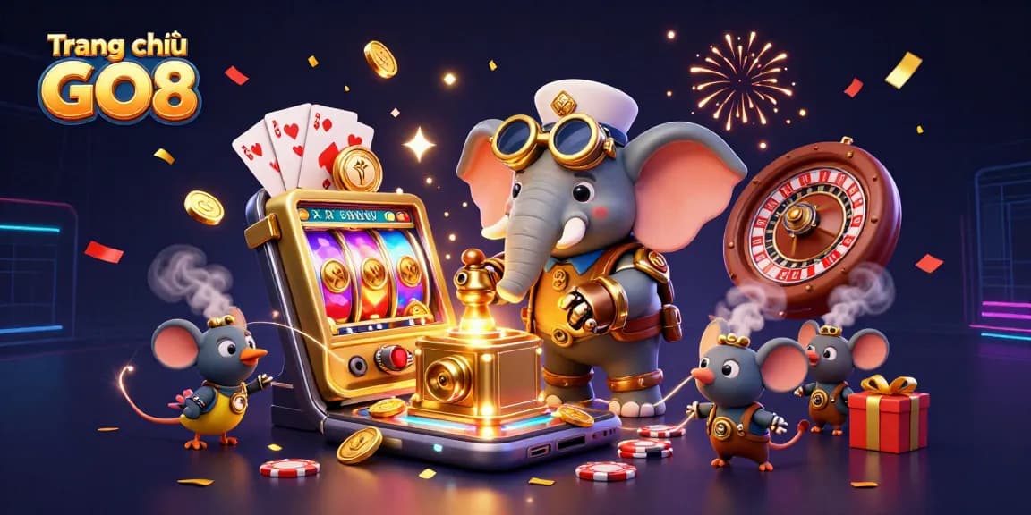 Engage with the thrilling elements of Trang chủ GO8 as an elephant engineer operates a golden slot machine.