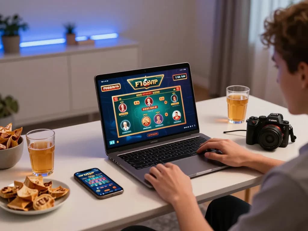 Player engaging with F168VIP casino games on a modern laptop in a cozy home setup.