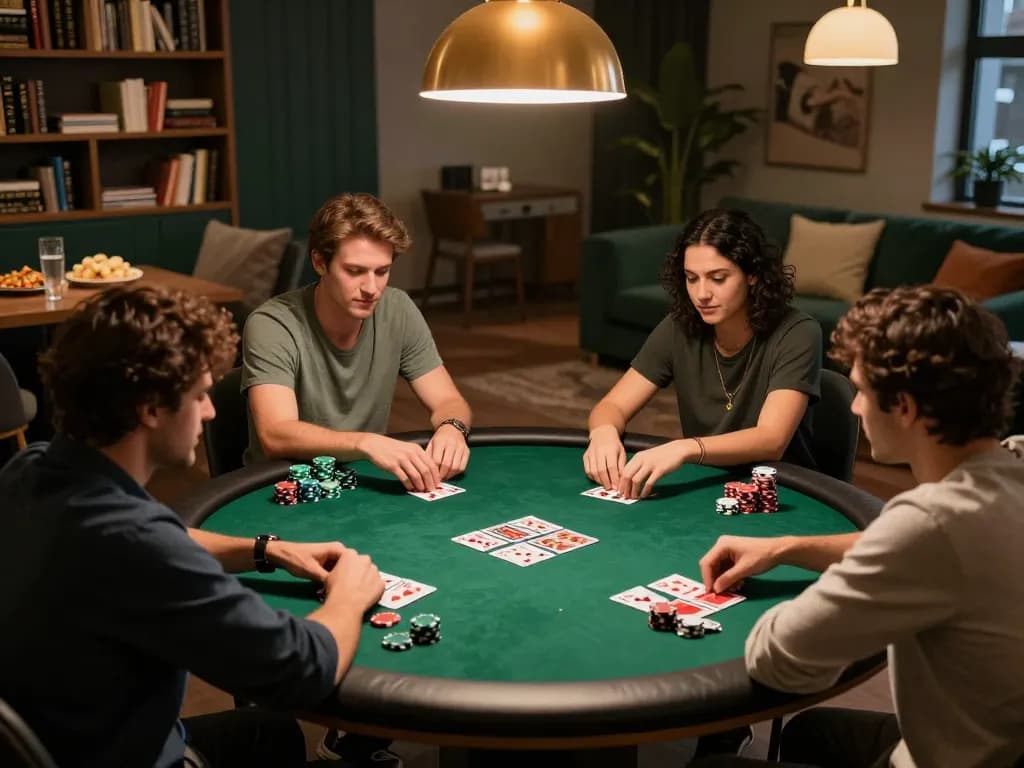 Engaging poker night with friends, showcasing demo slot gaming strategies and interactions in a cozy atmosphere.