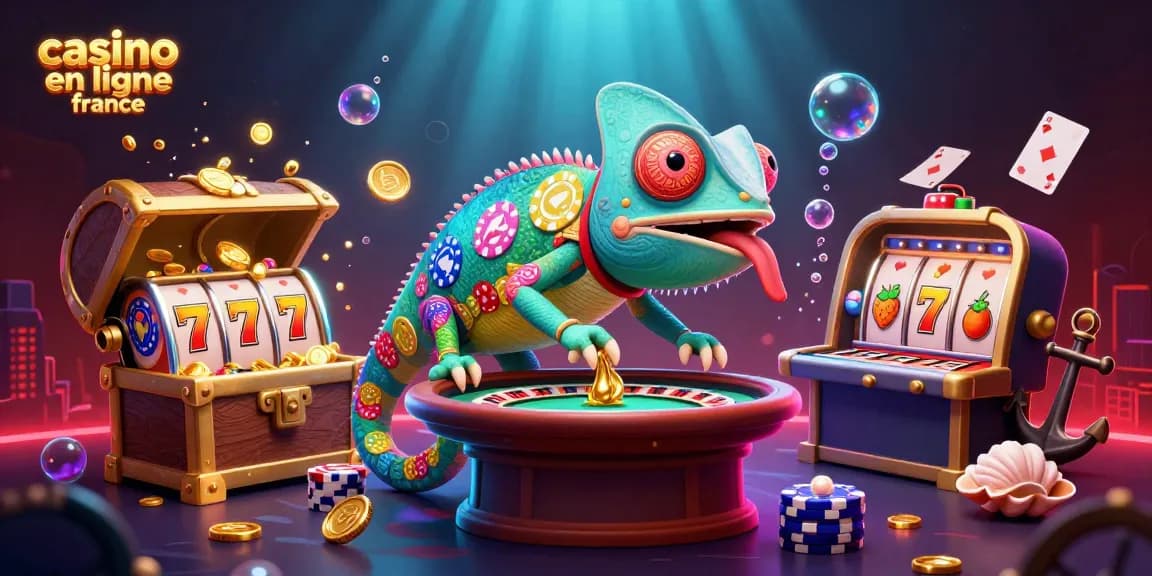 Profitez des jeux de casino en ligne France avec un caméléon extravagant dans une scène sous-marine dynamique.