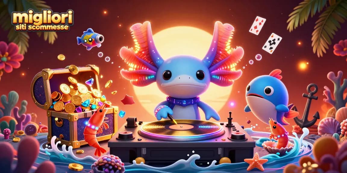 Scopri i migliori siti scommesse mentre balli con il DJ axolotl in un mondo marino vibrante.